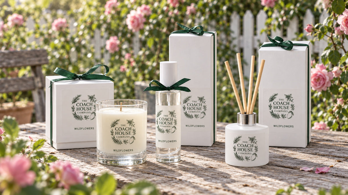 Wildflowers candle, room spray and reed diffuser in a cottage garden with a white picket fence